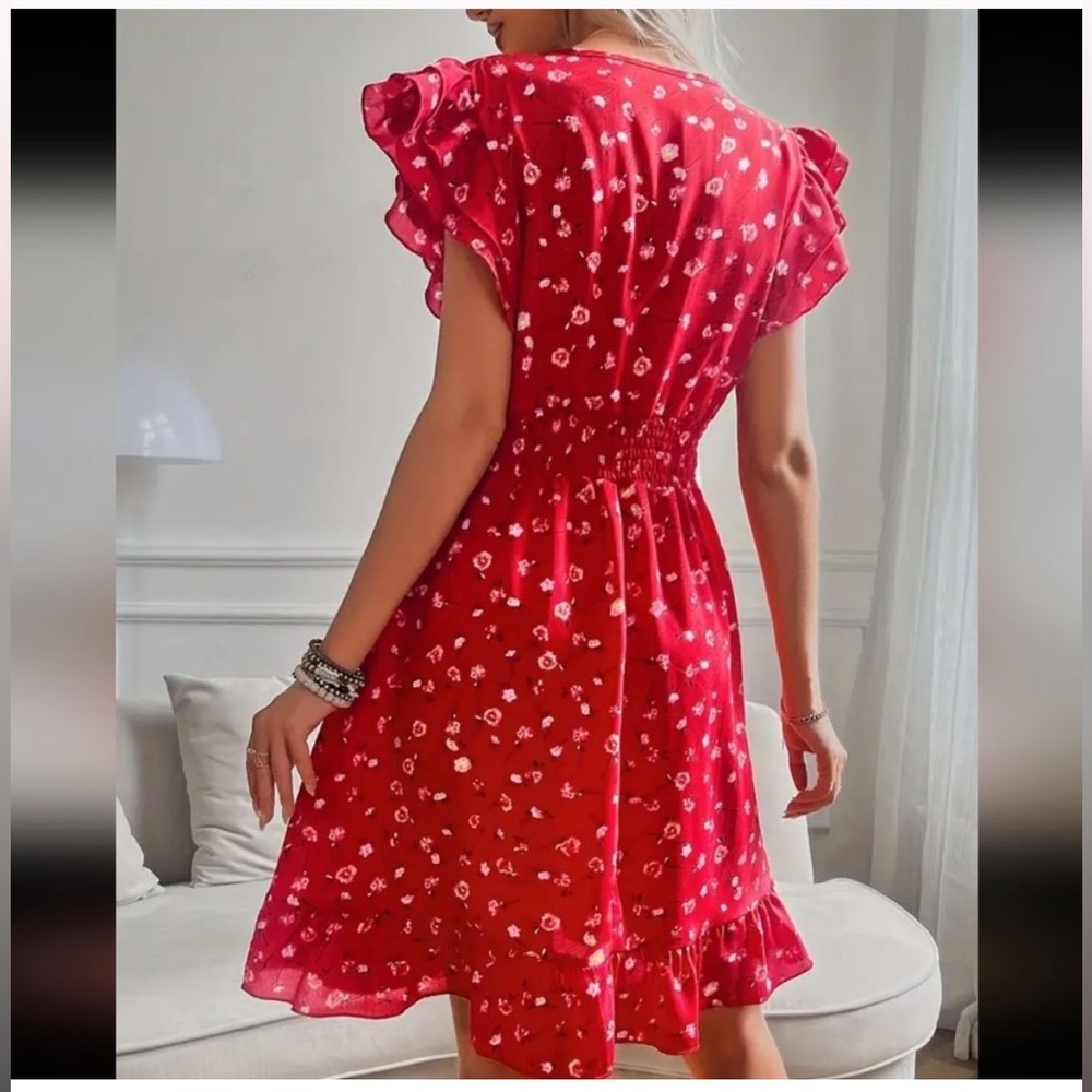 Boho Red Floral Ruffle Cap Sleeve V-Neck A-Line Swing Mini Sundress NWOT - Picture 2 of 14